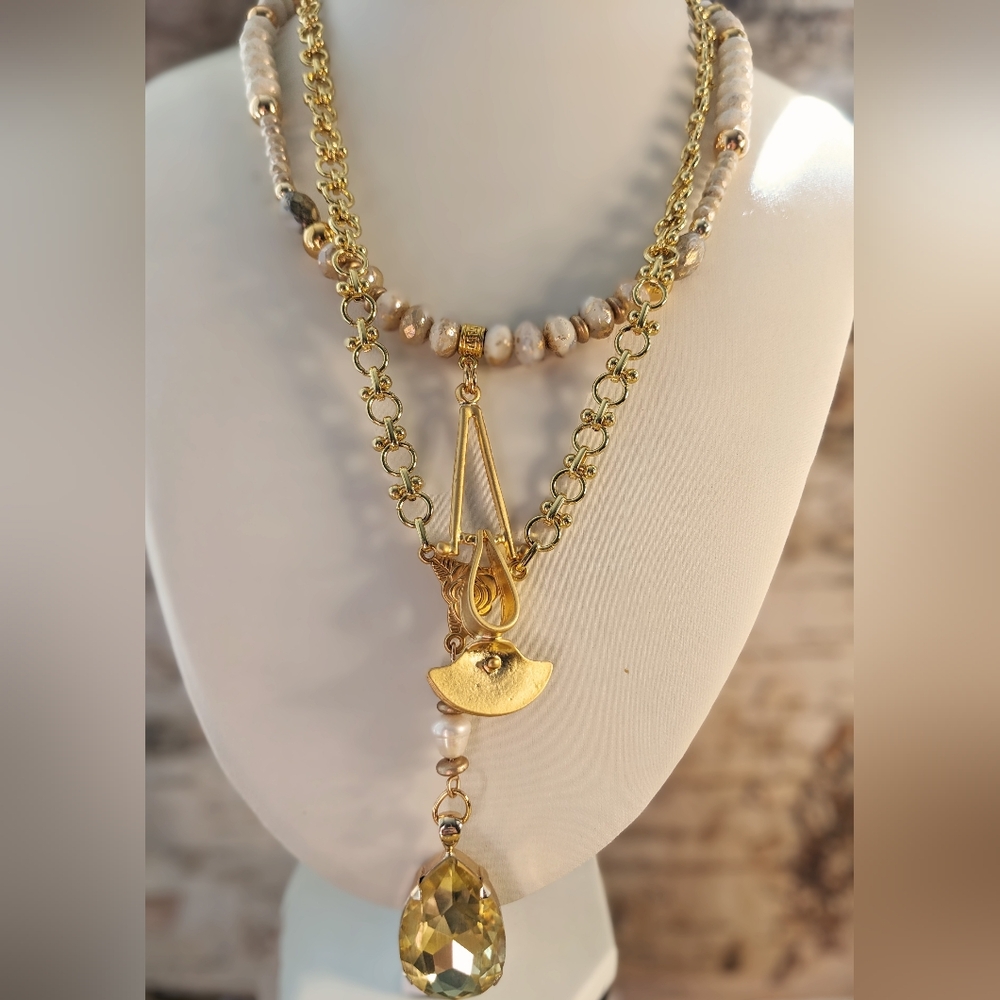 Artisan White & Gold Rustic Crystal & Glass In Two Strand Necklace W/ Pendants